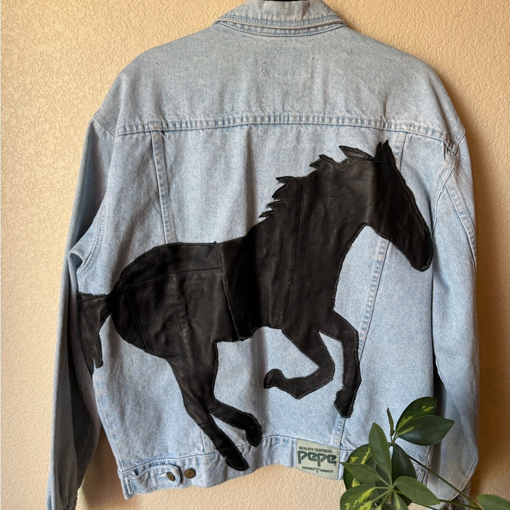 Vintage Light Wash Denim Jacket with Black leather Horse Appliqué xlarge